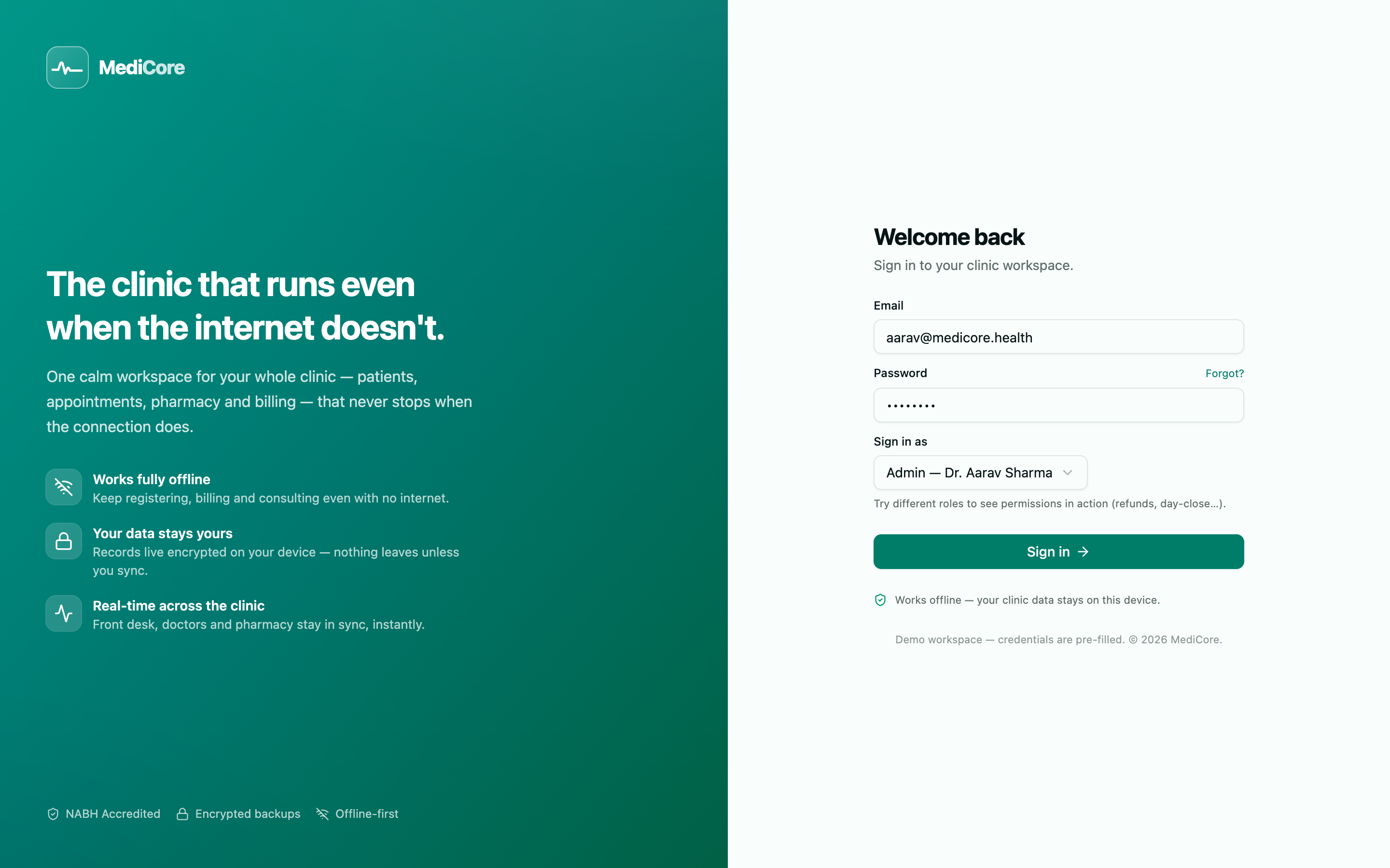 Secure clinic login screen with role-based access