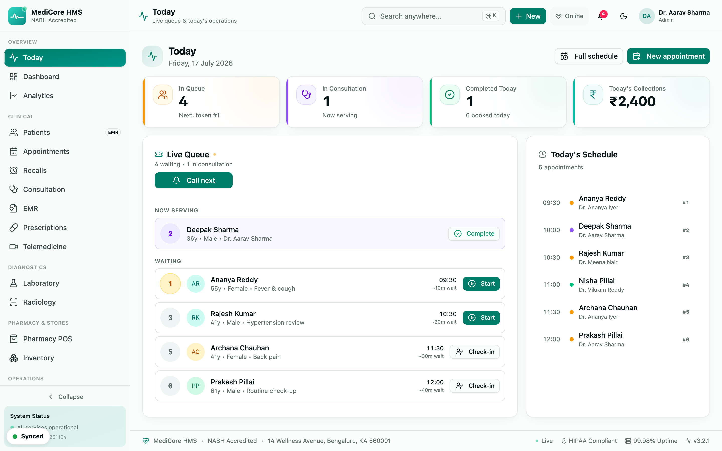 Clinic OS — Live queue screen