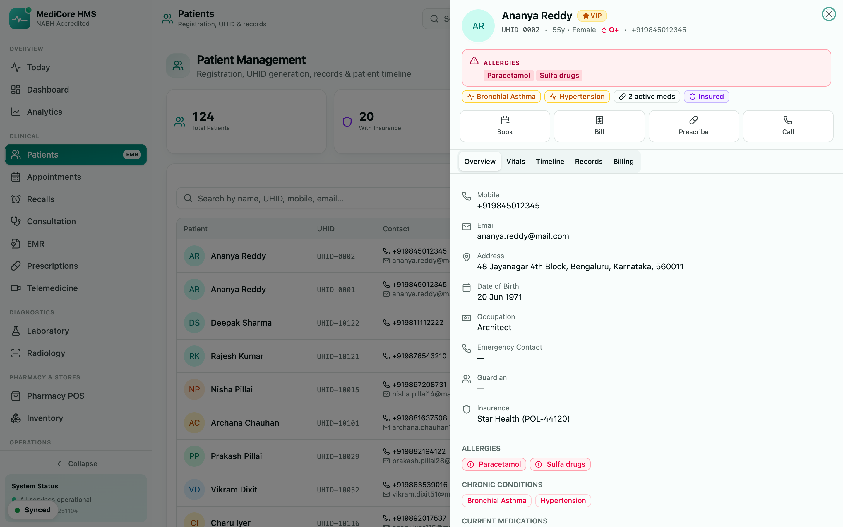 Patient profile drawer with allergies, insurance, medical timeline and vitals