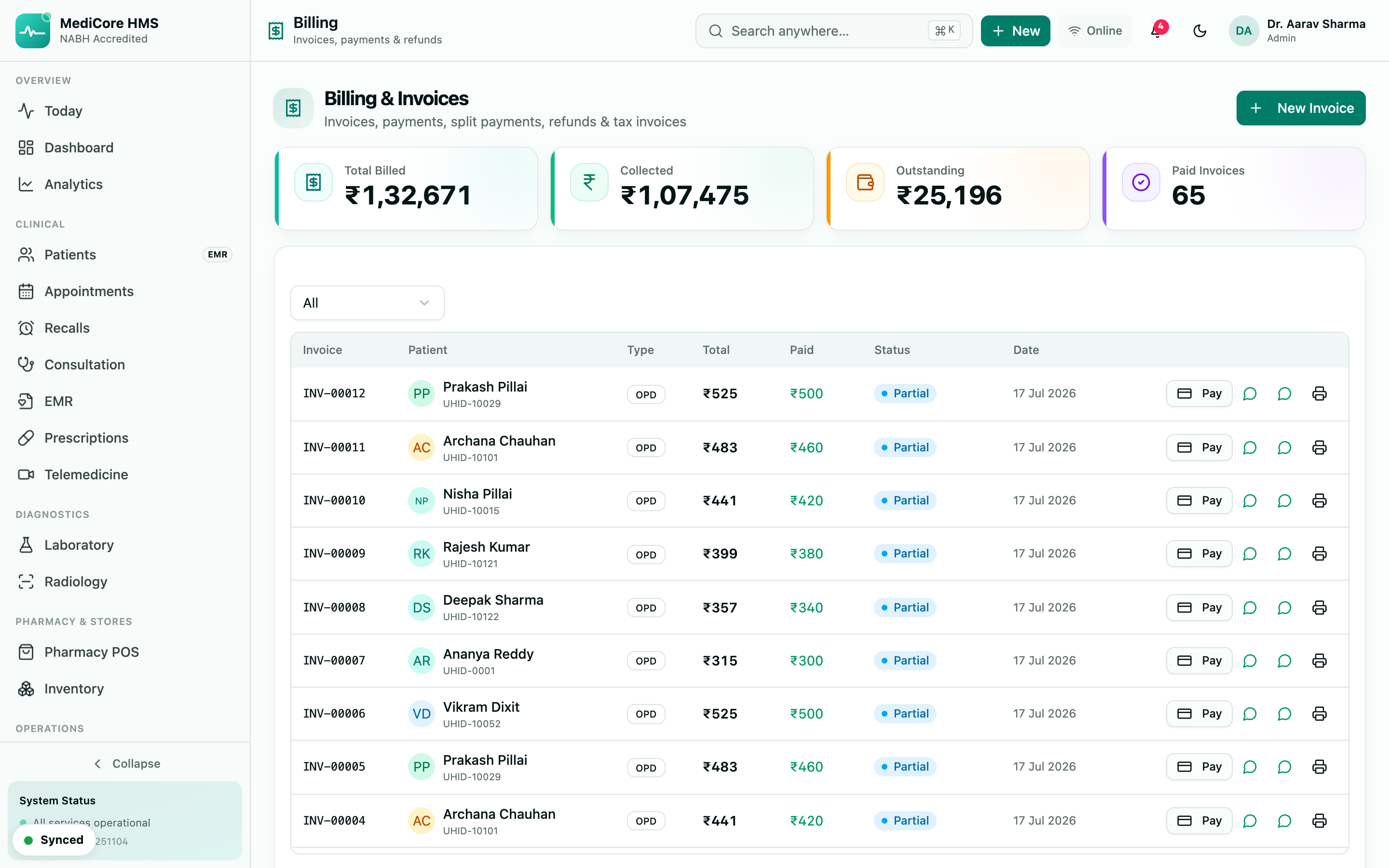Billing screen with invoices, split payments, insurance claims and outstanding balance