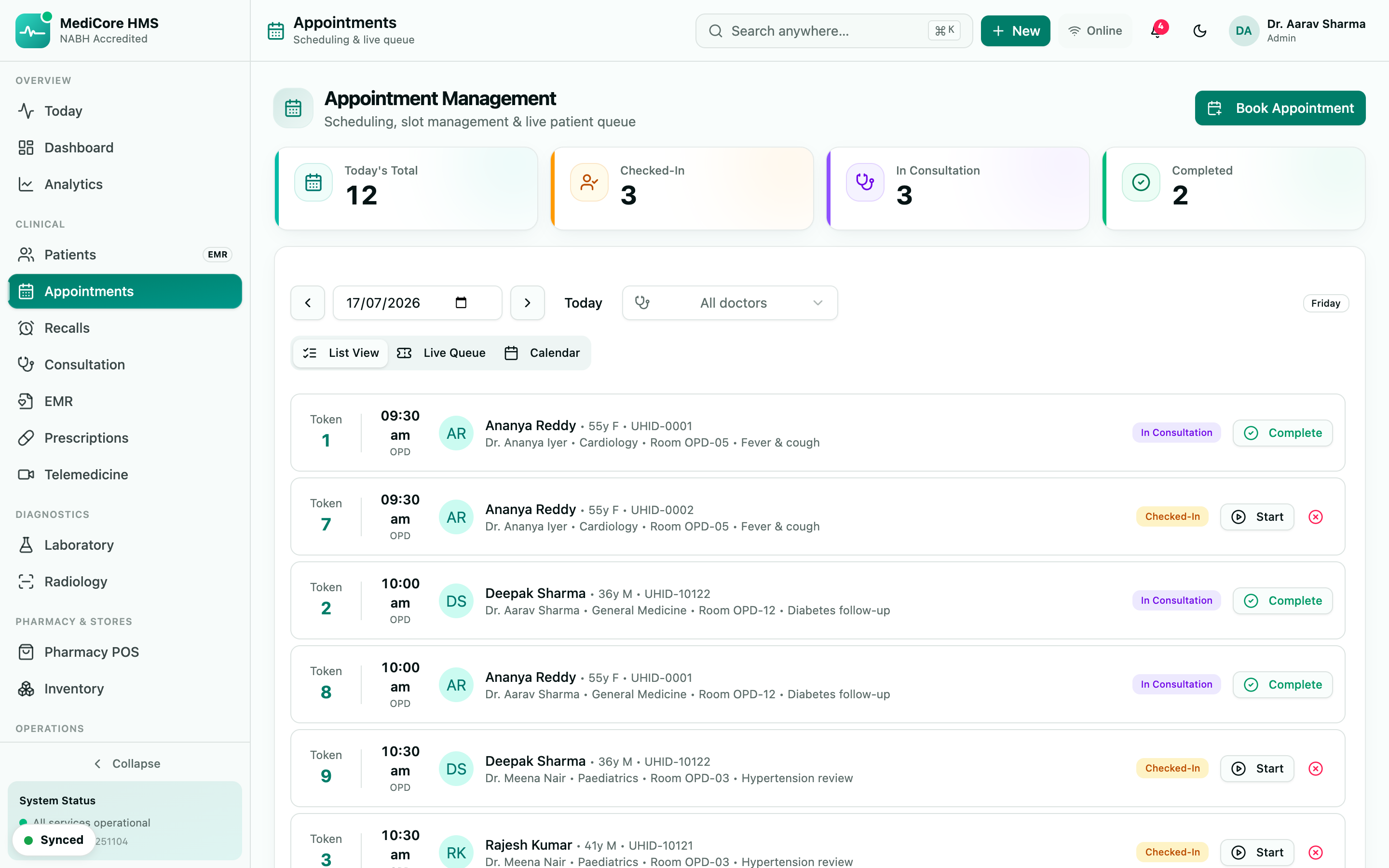 Appointment management with doctor schedule, token queue and calendar view
